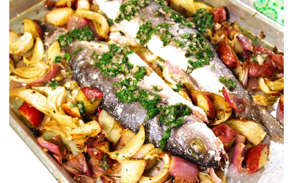 Roasted sea bass with vegetables