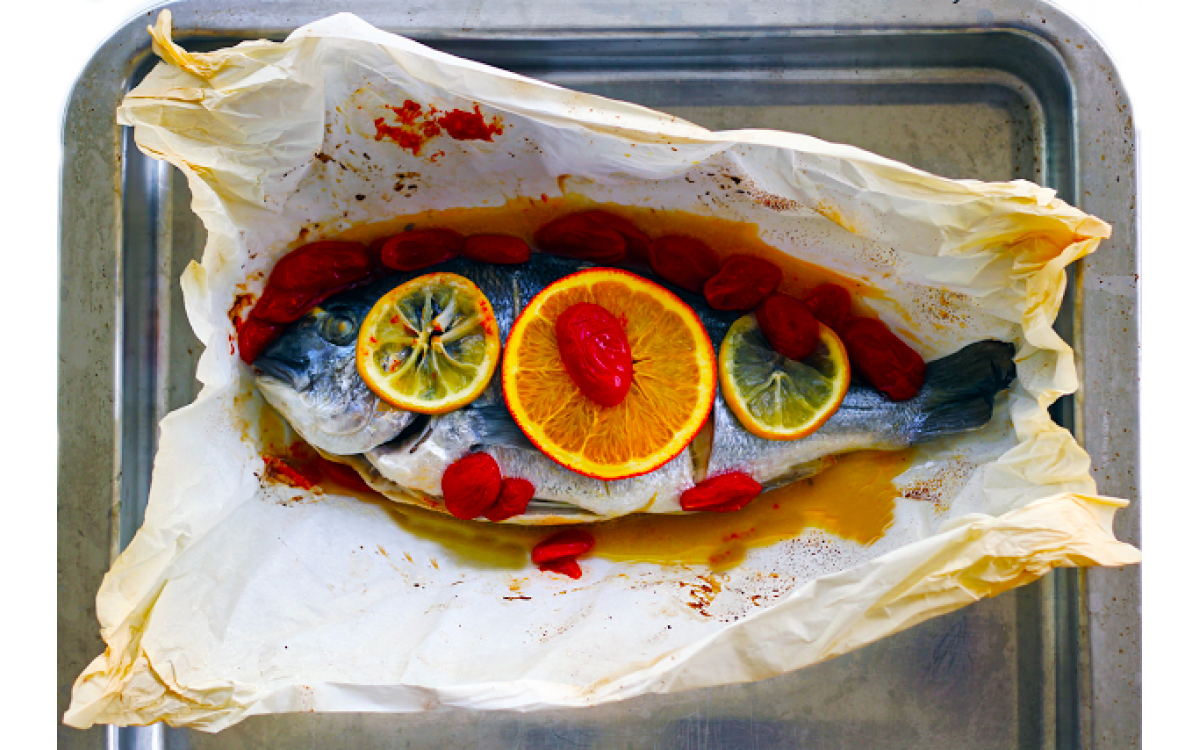 Baked Sea Bream with Orange Sauce & cherry tomatoes